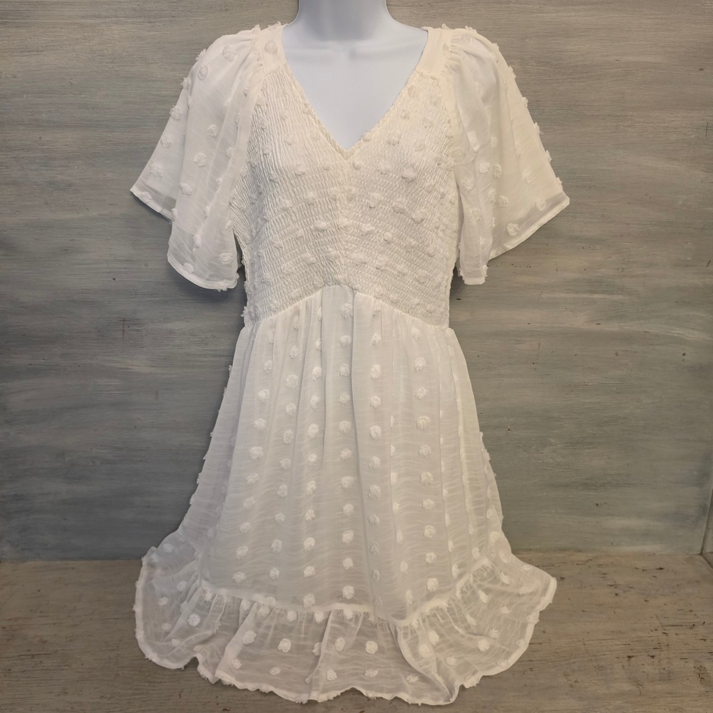 Zattcas White Shirred Bodice Vneck Empire Waist Aline Mini Dress Size Medium NWT
